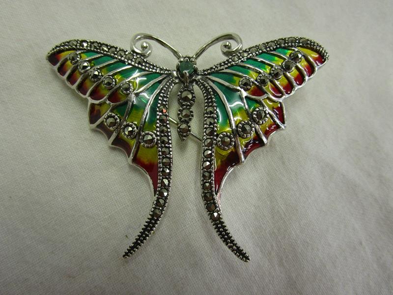 Silver enamel butterfly brooch