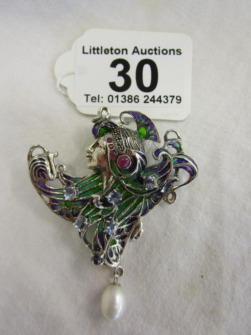 Silver champlevé enamel & stone set Art Nouveau style pendant brooch