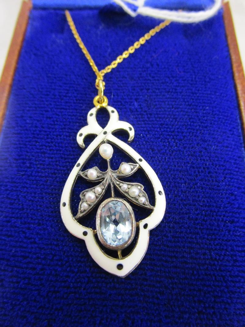 Blue topaz, pearl & enamel pendant on chain