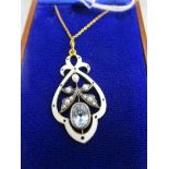 Blue topaz, pearl & enamel pendant on chain