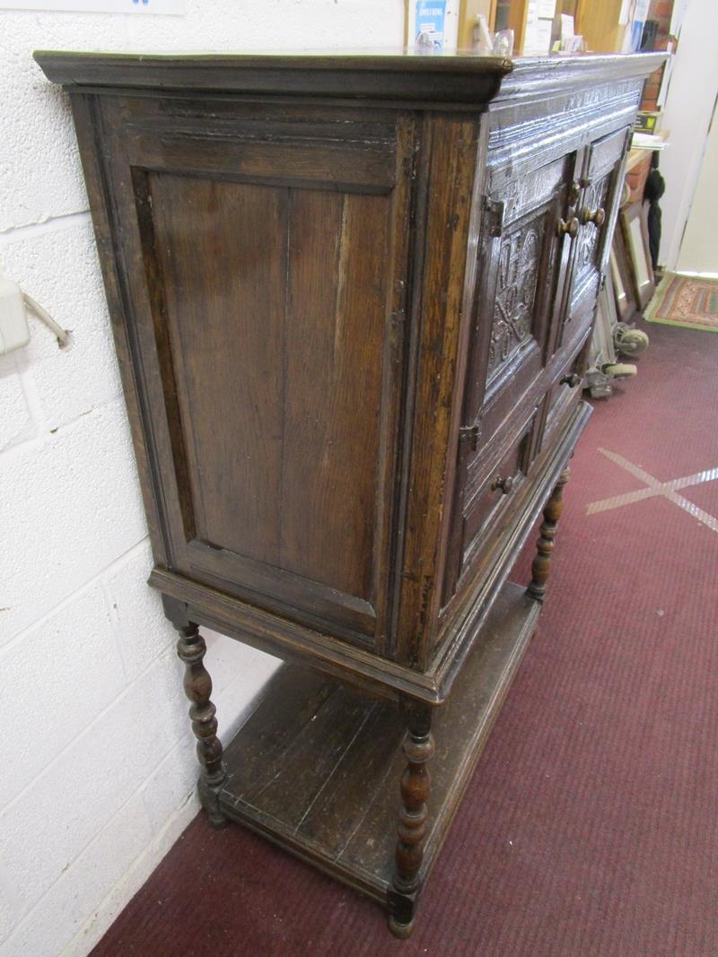 Early oak chest on stand - W: 90cm D: 46cm H: 128cm - Image 10 of 12