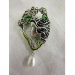 Silver enamel & pearl drop brooch