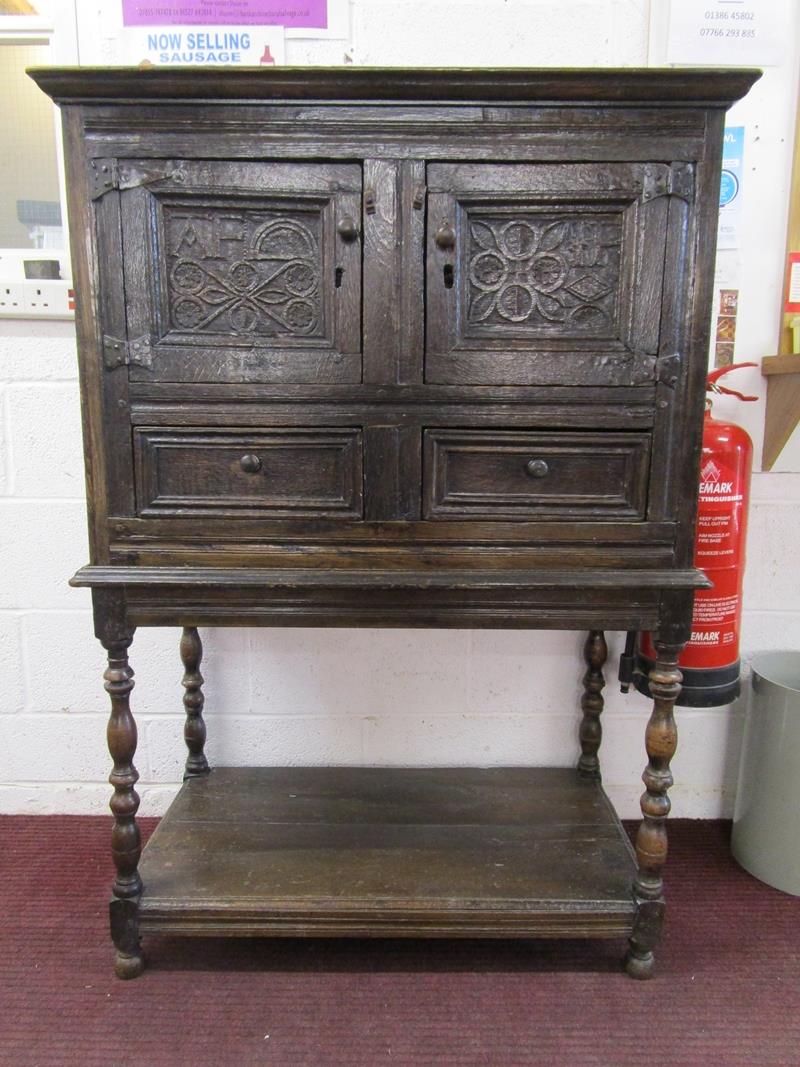 Early oak chest on stand - W: 90cm D: 46cm H: 128cm - Image 2 of 12