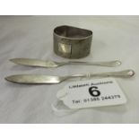 Silver napkin ring & silver butter knives