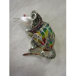 Silver, enamel, ruby & pearl rat brooch