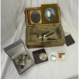 Early small leather box and contents