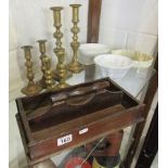 Cutlery box, 3 pairs of brass candle sticks & 3 vintage jelly moulds