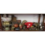 Shelf of collectables to iclude a retro telephone, brass, copper, Babycham glasses etc