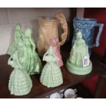 6 lady figures and 2 jugs to include Burleigh Ware