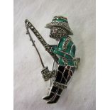 Silver & champlevé enamel rabbit fishing brooch