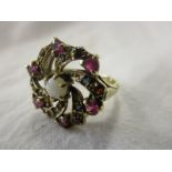 Gold opal, ruby & sapphire cluster ring