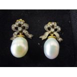 Pair of diamond & pearl bow drop earrings