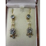 Pair of blue topaz, pearl & diamond earrings
