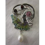 Silver enamel, garnet & pearl brooch