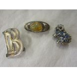 Silver amber brooch & 2 silver brooches