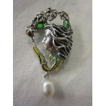 Silver & enamel pearl drop brooch