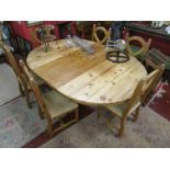 Large oval pine table and 6 dining chairs - H: 77cm L: 200cm W: 140cm