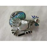 Silver & champlevé enamel pearl set cockerel brooch