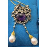 Amethyst, pearl & diamond drop pendant on chain
