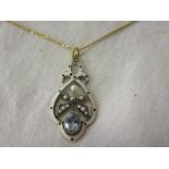 Blue topaz, pearl & enamel pendant on chain
