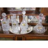 4 decanters with collars and silver plate tray