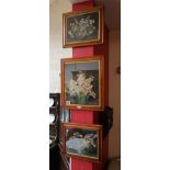 3 burr walnut framed 3D floral pictures all signed - Indistinct signature