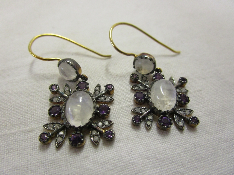 Pair of moonstone diamond and amethyst earrings