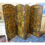 Large mid Victorian 'scrap screen' four fold with vivid colour cut scraps covering both sides of the
