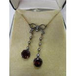 Garnet, pearl & diamond set pendant on chain