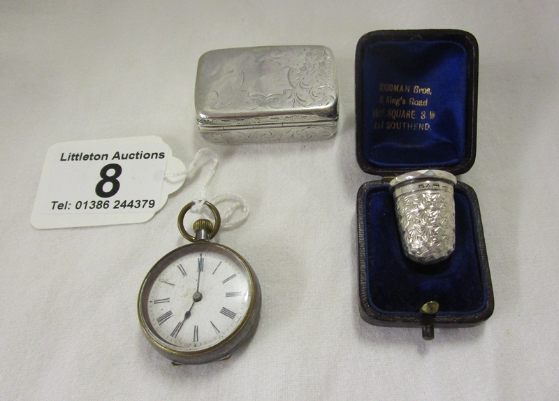 Cased silver thimble, silver pill box & fob watch