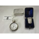 Cased silver thimble, silver pill box & fob watch
