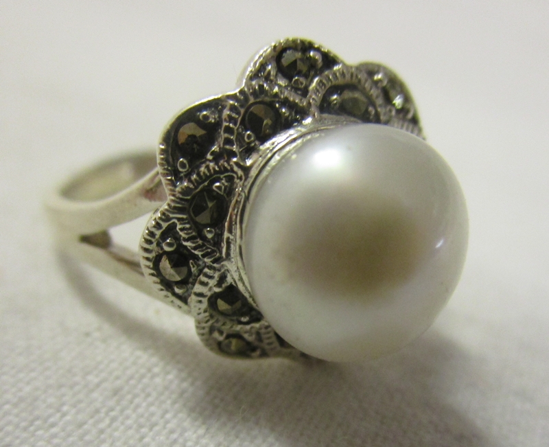 Silver pearl and marcasite ring