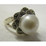 Silver pearl and marcasite ring