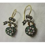 Pair of emerald, pearl and diamond set heart earrings