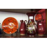 3 red vases and studio pottery bowl marked Fosters Pottery Redruth