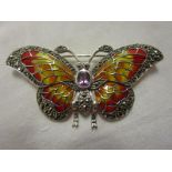 Silver champlevé enamel amethyst set butterfly brooch