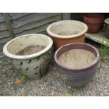 3 large glazed planters