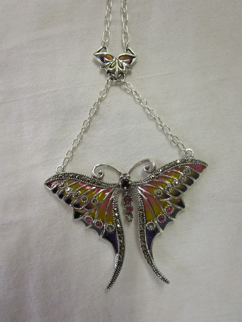 Silver champlevé enamel stone set butterfly pendant on chain