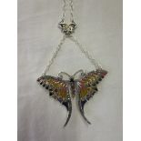 Silver champlevé enamel stone set butterfly pendant on chain
