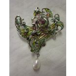 Silver champlevé enamel stone set Art Nouveau lady pendant / brooch