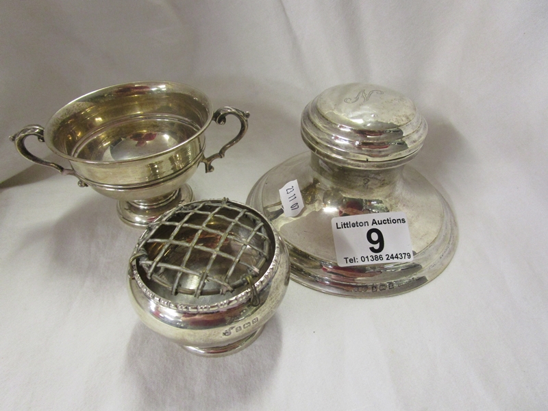 Silver inkwell, posy dish and 2 handled cup