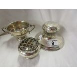 Silver inkwell, posy dish and 2 handled cup