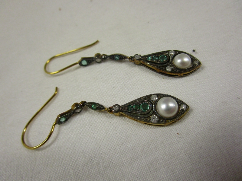 Pair of emerald, pearl & diamond earrings