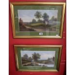 Pair of oils under glass - Rural scenes - Indistinct signature (Image size 43cm x 24cm)