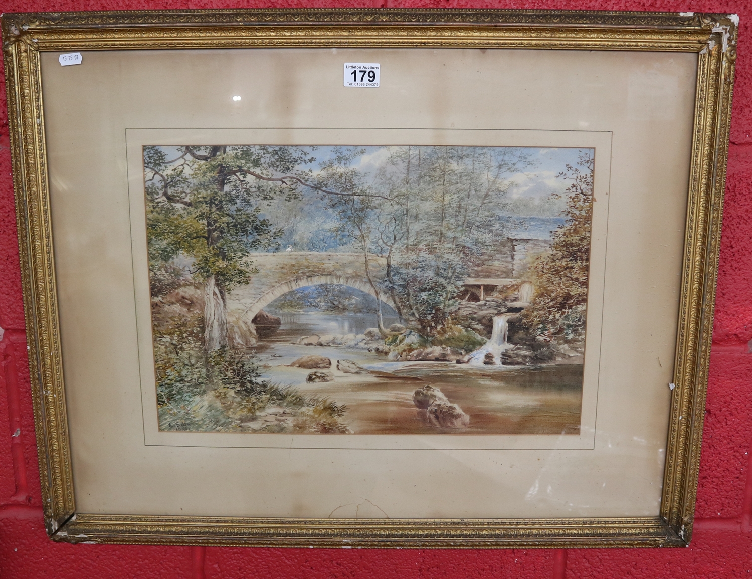 Watercolour - Bridge over stream by E Salter - 1885 (Image size 49cm x 33cm)