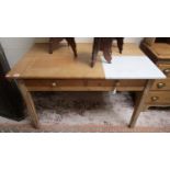 Pine 2 drawer table with marble inset - L: 122cm W: 76cm H: 77cm