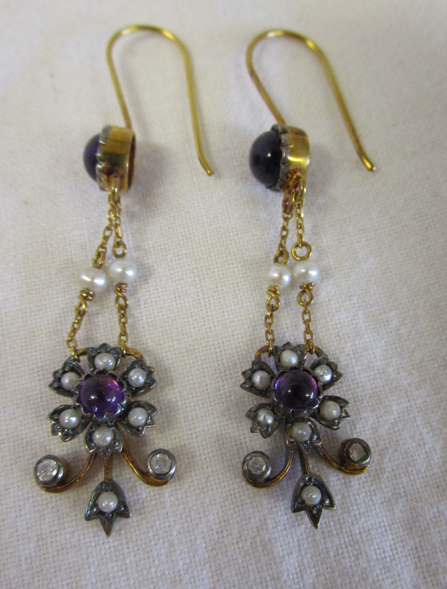 Pair of amethyst, pearl & diamond earrings