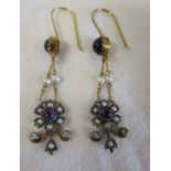 Pair of amethyst, pearl & diamond earrings