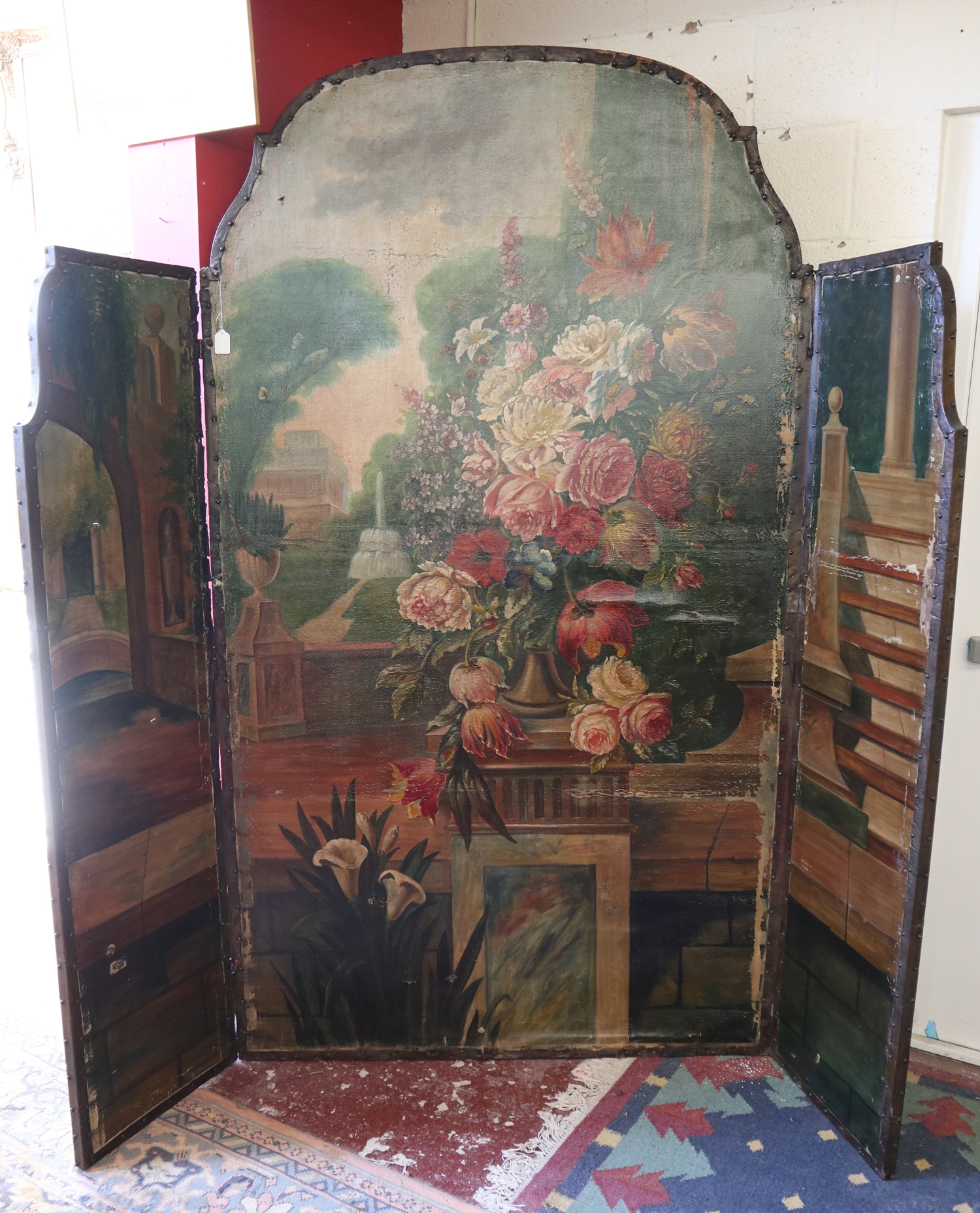 Large 3 fold screen - Oil on canvas - Garden scene - H: 214cm