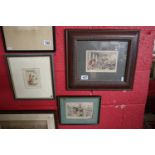 3 coloured etchings of comedy hunting
